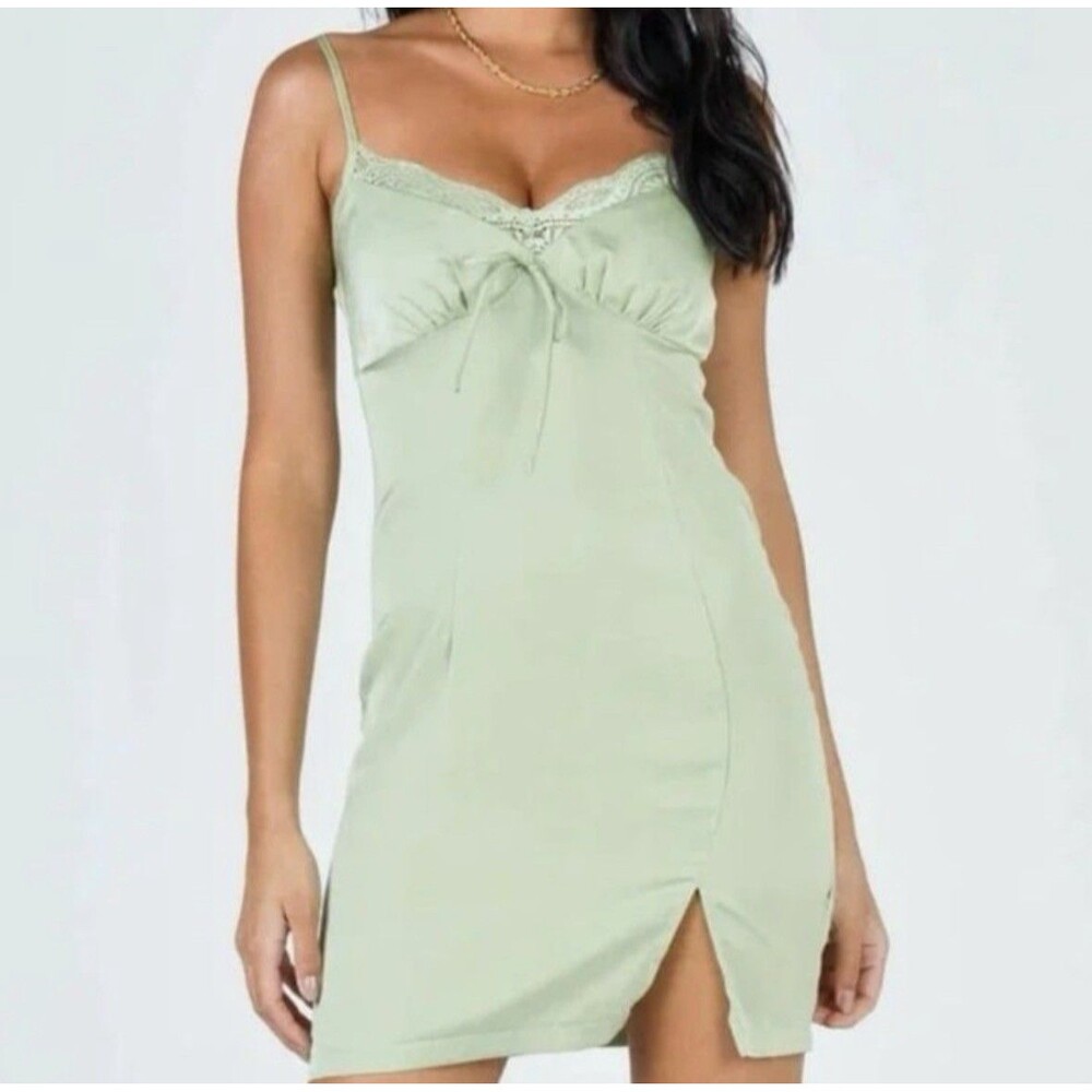 Princess Polly Maisie Satin Mini Slip Dress Sage Green Lace Coquette Pastel Sz 0